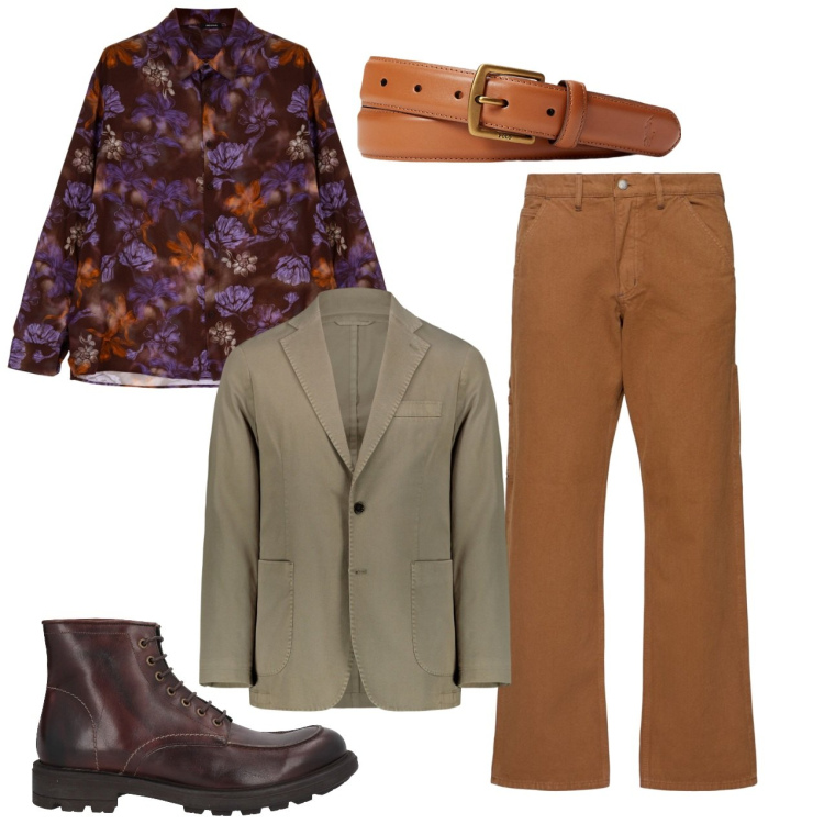 Outfit uomo - Colori autunnali. Stile Trendy per Tutti i giorni. Abbinamento con stivali e stivaletti, camicie, cinture, giacche, pantaloni.