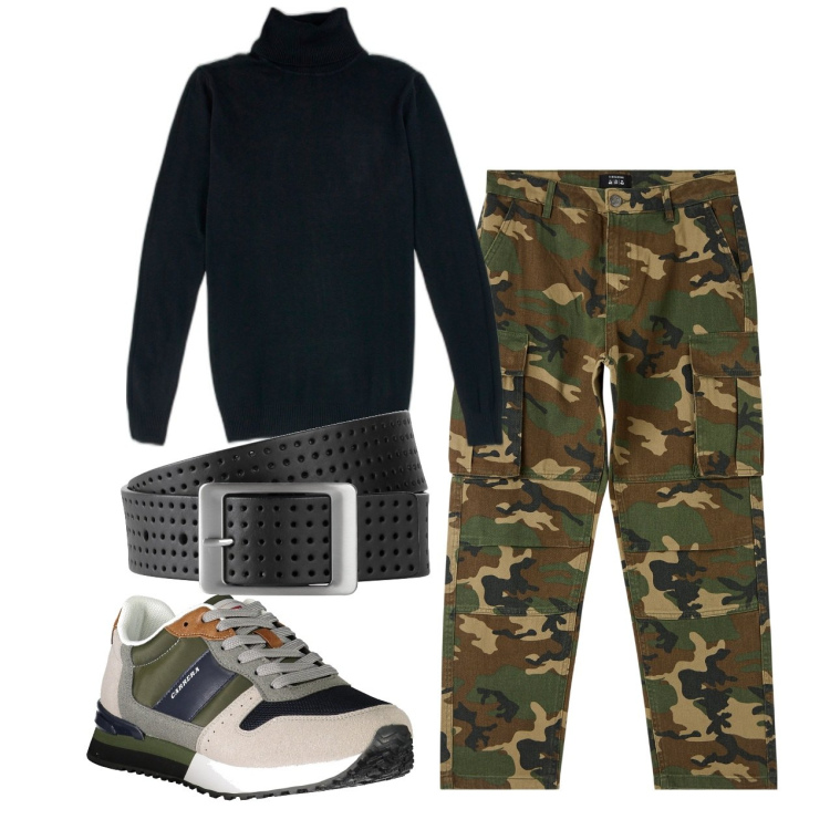 Outfit uomo - I cargo camouflage. Stile Urban per Tutti i giorni. Abbinamento con cinture, pantaloni cargo, pullovers, sneakers.