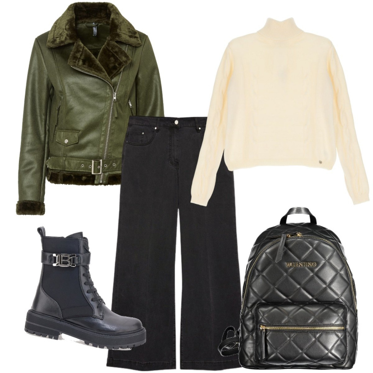 Outfit donna - Il chiodo verde. Stile Rock per Serata fuori. Abbinamento con blazer, maglieria, anfibi, jeans, zaini.