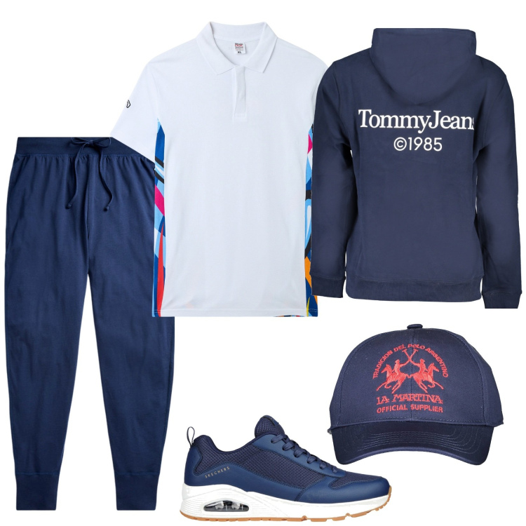 Outfit uomo - Sport. Stile Casual per Sport. Abbinamento con polo, pantaloni, sneakers, felpe con cappuccio, cappelli con visiera.