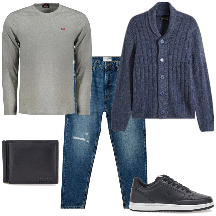 Outfit uomo - Total look #1973803. Stile Casual per Tutti i giorni. Abbinamento con cardigans, jeans strappati, portafogli, sneakers, t-shirt.