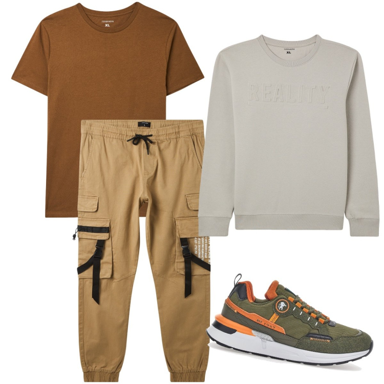 Outfit uomo - Un po’ di bricolage. Stile Casual per Tutti i giorni. Abbinamento con felpe, t-shirt, pantaloni cargo, sneakers.