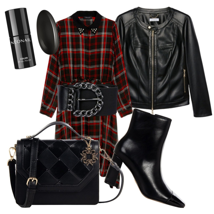 Outfit donna - Curvy rock chic edition. Stile Rock per Serata fuori. Abbinamento con smalti, blazer, vestiti asimmetrici, cinture, stivaletti, borse a tracolla.