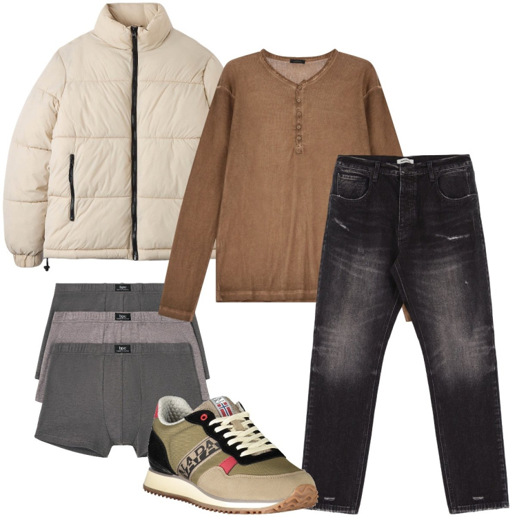 Outfit uomo - Il piumino color burro. Stile Urban per Tutti i giorni. Abbinamento con boxer, piumini, jeans slim fit, t-shirt, sneakers.