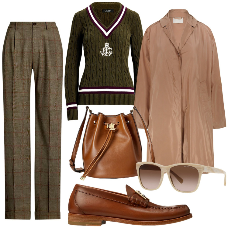 Outfit donna - Matinée. Stile Bon Ton per Tutti i giorni. Abbinamento con mocassini, pantaloni, maglieria, occhiali da sole, borse a secchiello, trench.