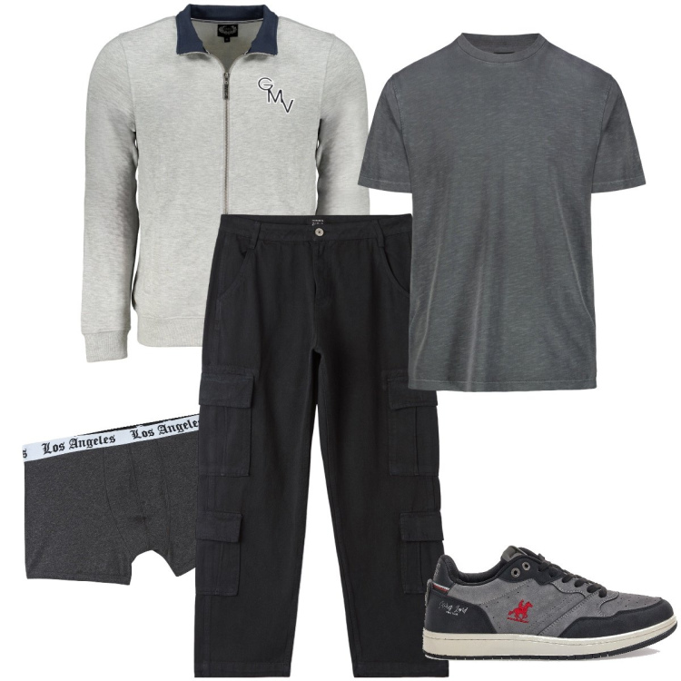 Outfit uomo - Camminata al parco. Stile Casual per Sport. Abbinamento con pantaloni cargo, boxer, sneakers, t-shirt, felpe.