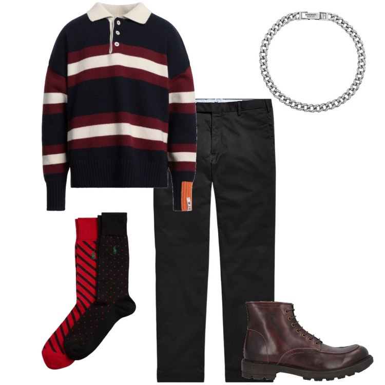 Outfit uomo - La polo a righe. Stile Urban per Ufficio. Abbinamento con stivali e stivaletti, pullovers, braccialetti, pantaloni chino, calzini.
