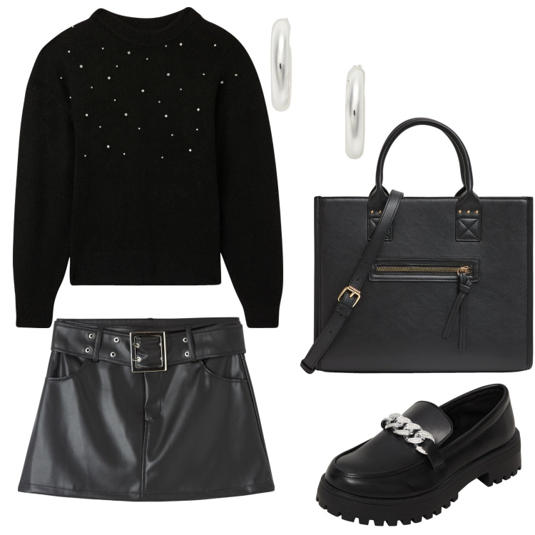 Outfit donna - Leather mania. Stile Casual per Tutti i giorni. Abbinamento con mocassini, maglieria, minigonne, shopping bag, orecchini.
