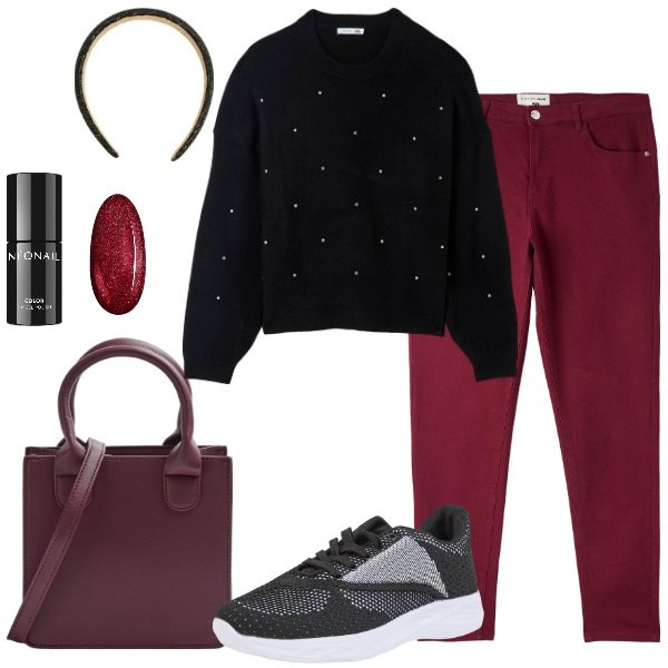 Outfit donna - Mix & Match bordeaux e nero. Stile Casual per Scuola/Università. Abbinamento con smalti, maglieria, pantaloni, shopping bag, sneakers, cerchietti.