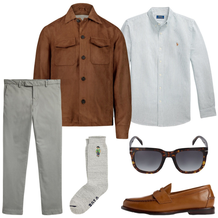 Outfit uomo - All day long. Stile Trendy per Ufficio. Abbinamento con scarpe stringate, calzini, pantaloni, camicie, occhiali da sole, giacche.