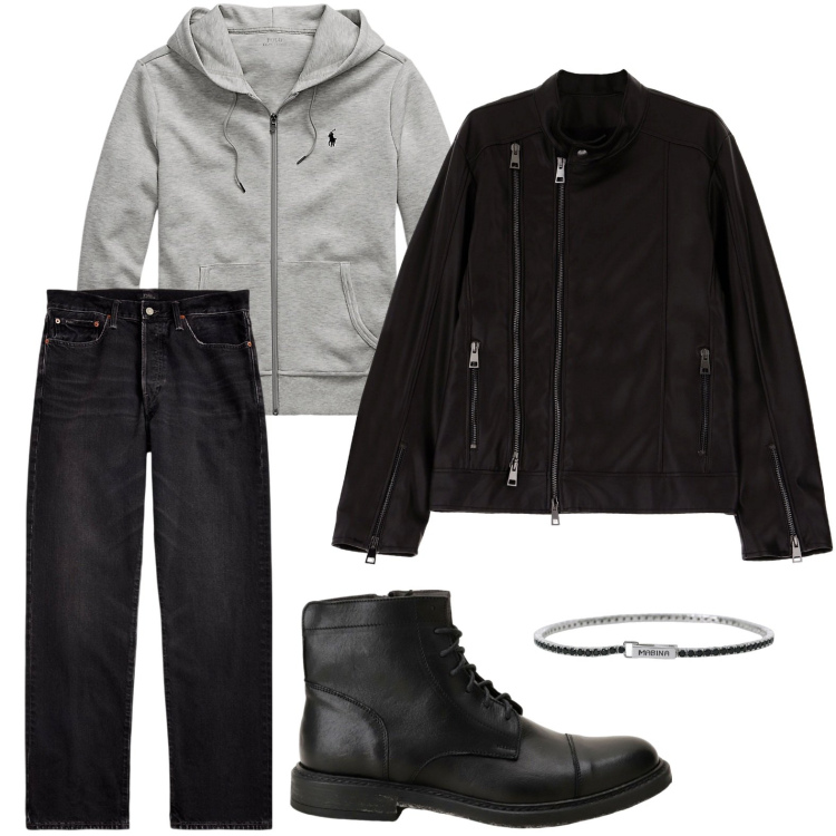 Outfit uomo - Stile rock. Stile Biker Rock per Serata speciale. Abbinamento con braccialetti, stivali e stivaletti, giacche, felpe, jeans dritti.
