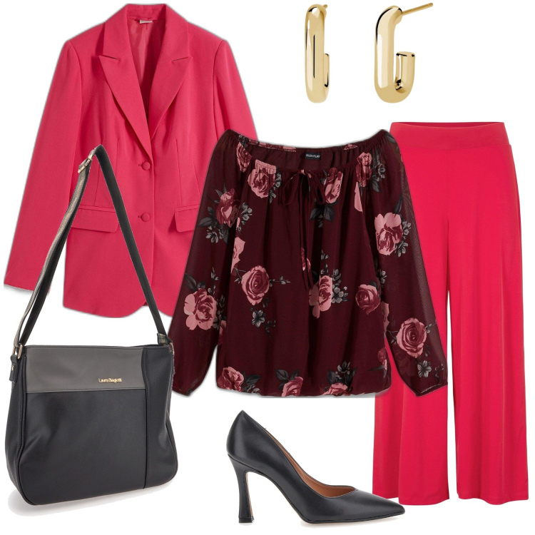 Outfit donna - Colore in ufficio. Stile Casual chic per Ufficio. Abbinamento con blazer, bluse, pantaloni culotte, orecchini, décolleté, borse a tracolla.
