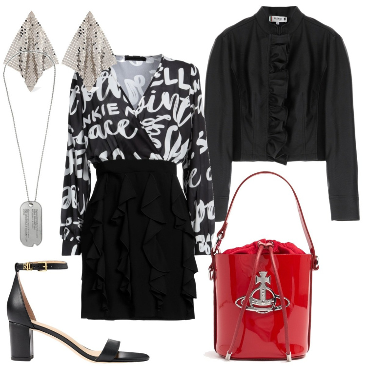 Outfit donna - Seratissima dedicata. Stile Preppy per Serata fuori. Abbinamento con collane, vestiti corti, giacche, sandali in pelle, orecchini, borse a secchiello.