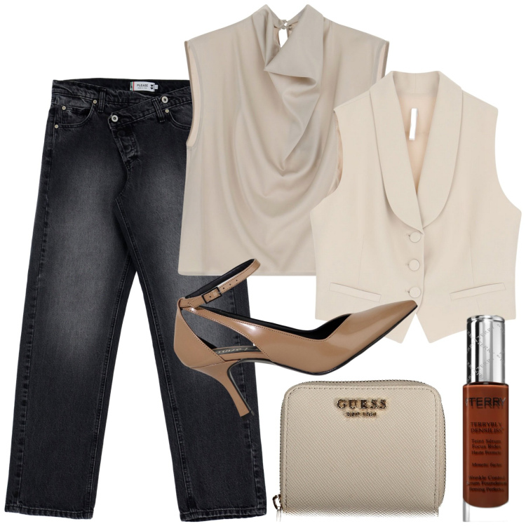 Outfit donna - Sabato sera. Stile Casual chic per Serata fuori. Abbinamento con fondotinta, jeans, gilet, top, décolleté, portafogli.