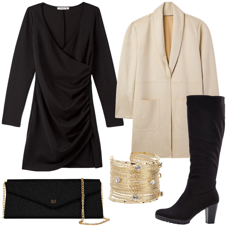Outfit donna - Total look #1973896. Stile Chic per Serata fuori. Abbinamento con stivali, vestiti corti, trench, pochette, braccialetti.