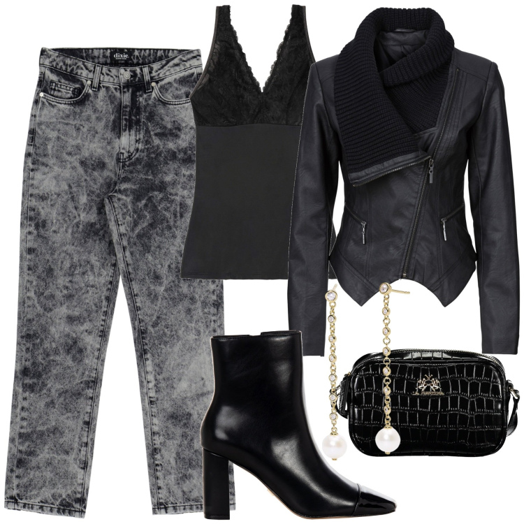 Outfit donna - Jeans sfumato. Stile Casual chic per Serata fuori. Abbinamento con blazer, top, orecchini, stivaletti, jeans dritti, borse a tracolla.