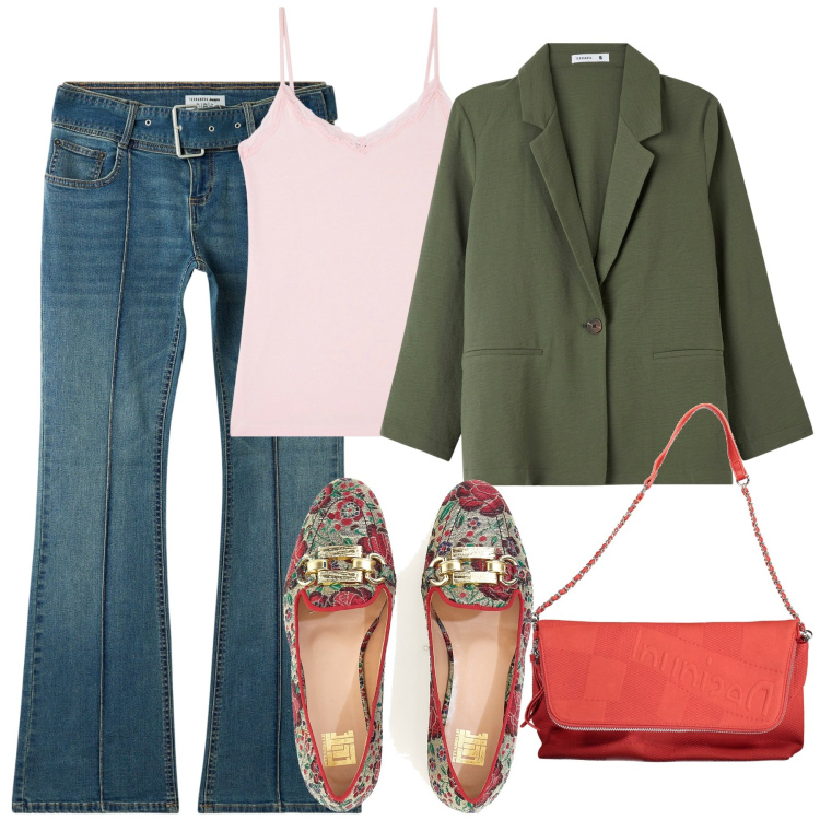 Outfit donna - Sabato pomeriggio. Stile Casual chic per Tutti i giorni. Abbinamento con jeans a zampa, blazer, canottiere, mocassini, borse a mano.