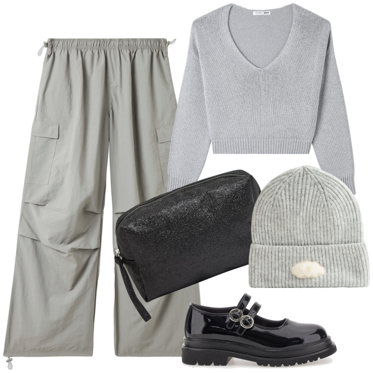Outfit donna - Grigio e nero. Stile Casual per Tutti i giorni. Abbinamento con maglieria, valigie, pantaloni cargo, berretti, mocassini.