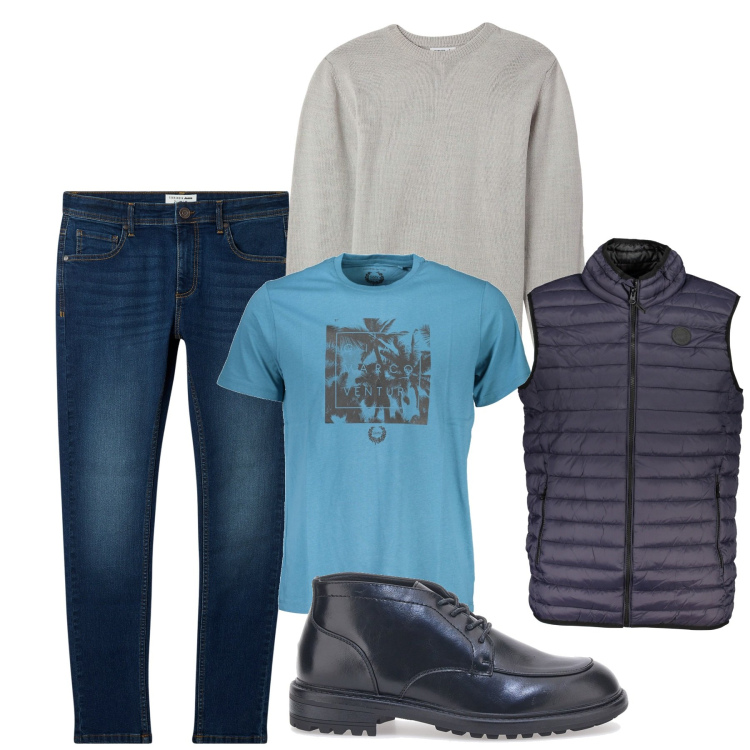 Outfit uomo - Blue october. Stile Casual per Tutti i giorni. Abbinamento con maglieria, jeans skinny, scarpe stringate, giacche, t-shirt.