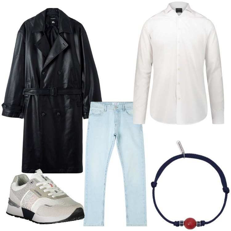 Outfit uomo - Trench in pelle. Stile Casual per Tutti i giorni. Abbinamento con jeans dritti, trench, braccialetti, camicie, sneakers.