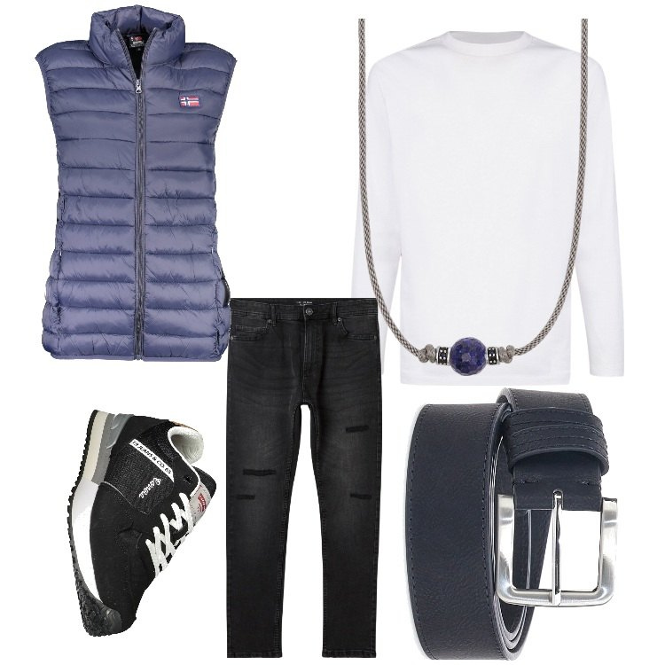 Outfit uomo - Sportivo. Stile Casual per Tutti i giorni. Abbinamento con jeans strappati, collane, sneakers, t-shirt, giacche, cinture.
