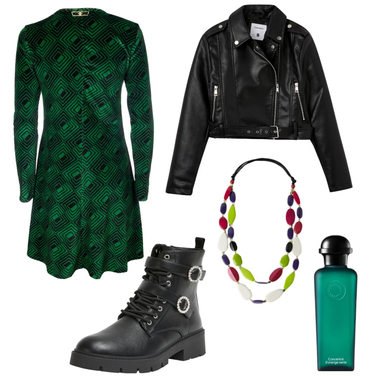 Outfit donna - Vestito+chiodo. Stile Rock per Serata fuori. Abbinamento con profumi, anfibi, giacche, vestiti, collane.