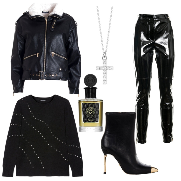 Outfit donna - I love rock\'n\'roll. Stile Rock per Serata fuori. Abbinamento con profumi, collane, stivaletti, blazer, pantaloni, maglieria.