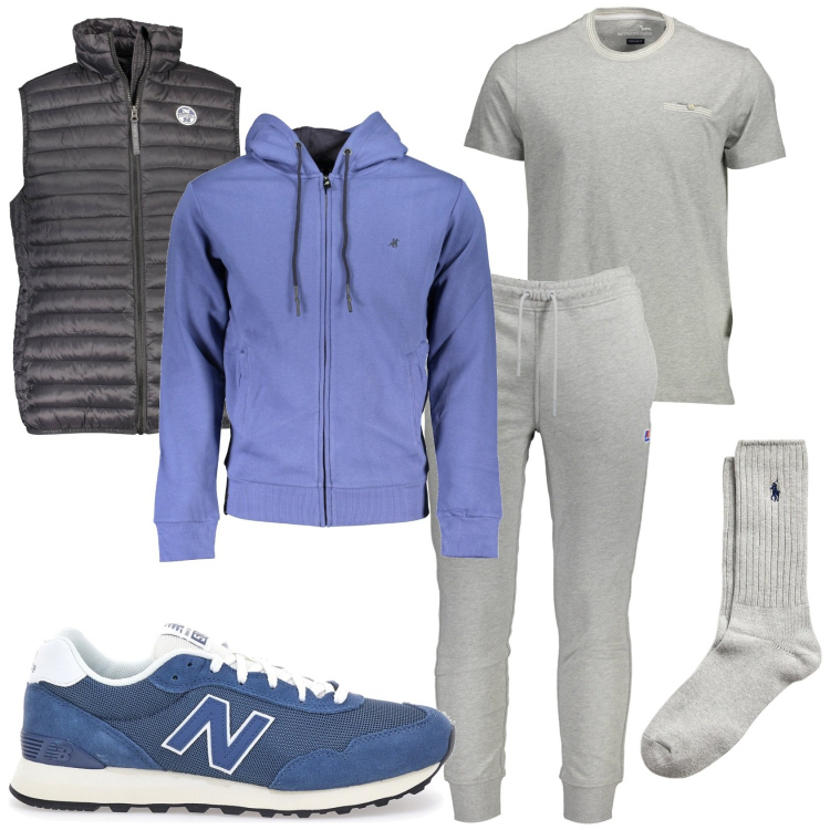 Outfit uomo - Sportivo in città. Stile Casual per Tutti i giorni. Abbinamento con calzini, t-shirt, giacche, felpe con cappuccio, pantaloni, scarpe stringate.