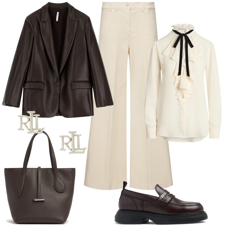 Outfit donna - Sofisticata in ufficio. Stile Casual chic per Ufficio. Abbinamento con blazer, orecchini, camicie, mocassini, borse a mano, pantaloni.