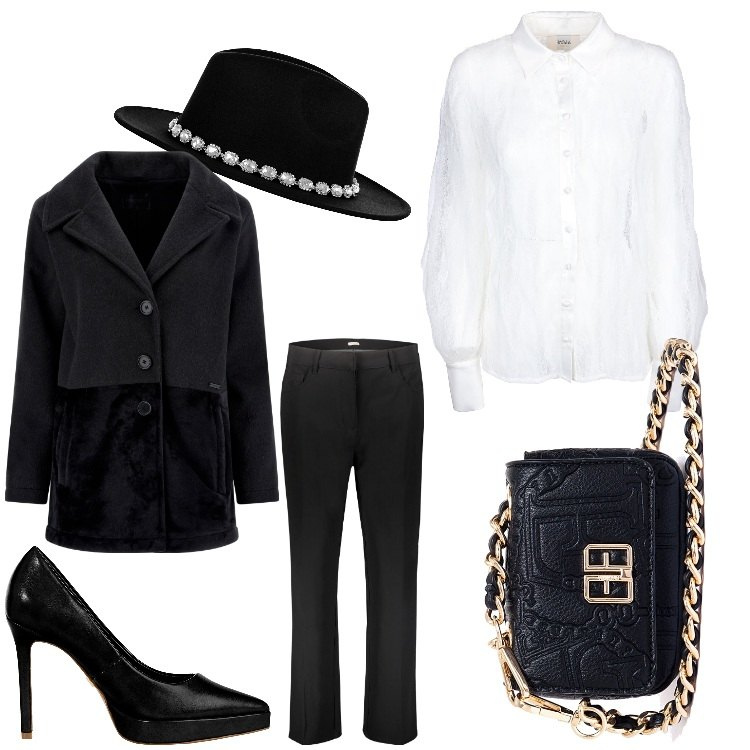 Outfit donna - Wow. Stile Chic per Serata fuori. Abbinamento con cappelli, décolleté, camicie, marsupi, cappotti, pantaloni.