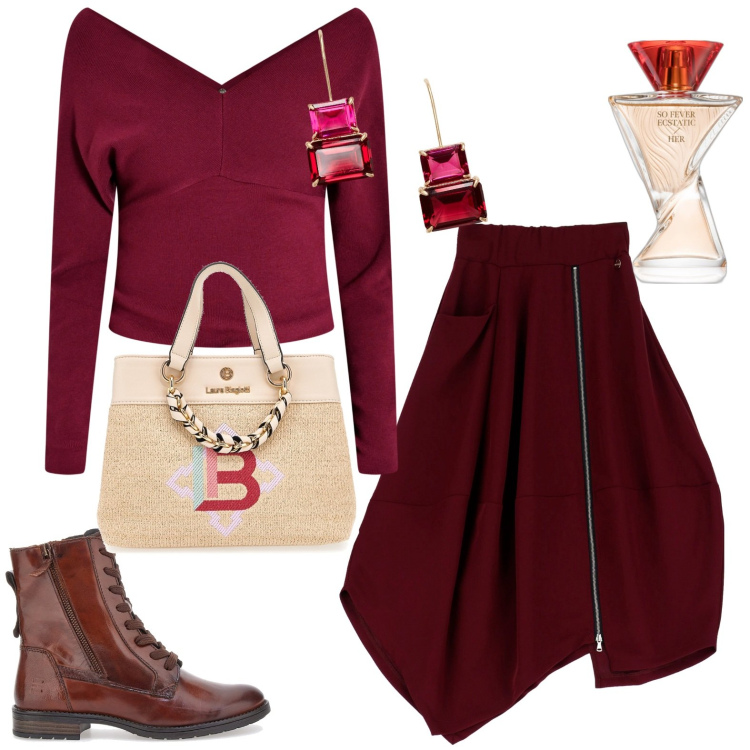Outfit donna - Total look #1974002. Stile Casual chic per Tutti i giorni. Abbinamento con profumi, maglieria, gonne longuette, orecchini, anfibi, borse a mano.