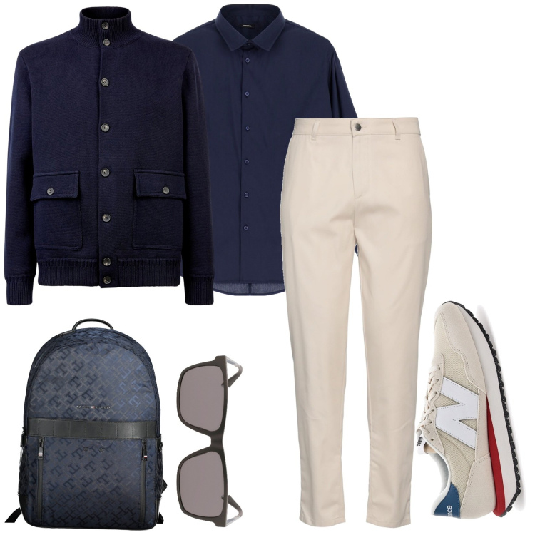 Outfit uomo - Comfort e stile. Stile Business/Elegante per Ufficio. Abbinamento con pantaloni chino, camicie, giacche, occhiali da sole, sneakers, borse sportive.