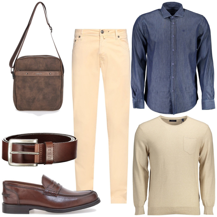 Outfit uomo - Accessori marrone. Stile Casual per Ufficio. Abbinamento con pantaloni, scarpe stringate, portafogli, maglieria, cinture, camicie.