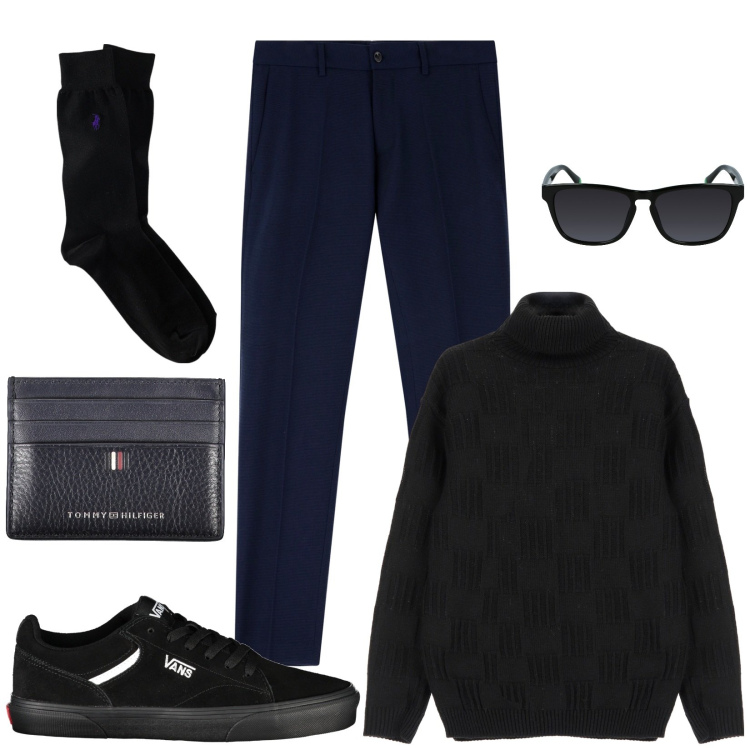 Outfit uomo - Pantaloni Slim trendy. Stile Casual per Tutti i giorni. Abbinamento con pantaloni, maglieria, calzini, portafogli, sneakers, occhiali da sole.