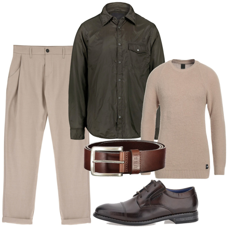 Outfit uomo - A strati. Stile Trendy per Tutti i giorni. Abbinamento con pullovers, pantaloni, scarpe stringate, giacche, cinture.