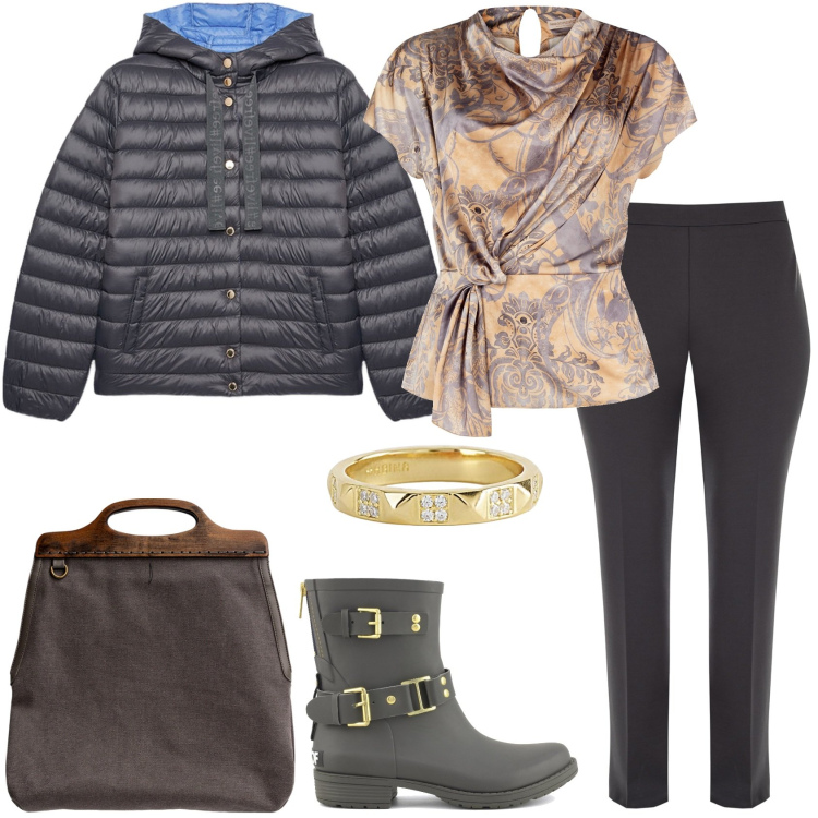 Outfit donna - Grey Mix & Match. Stile Casual chic per Ufficio. Abbinamento con bluse, pantaloni, anelli, stivali, borse a tracolla, piumini.