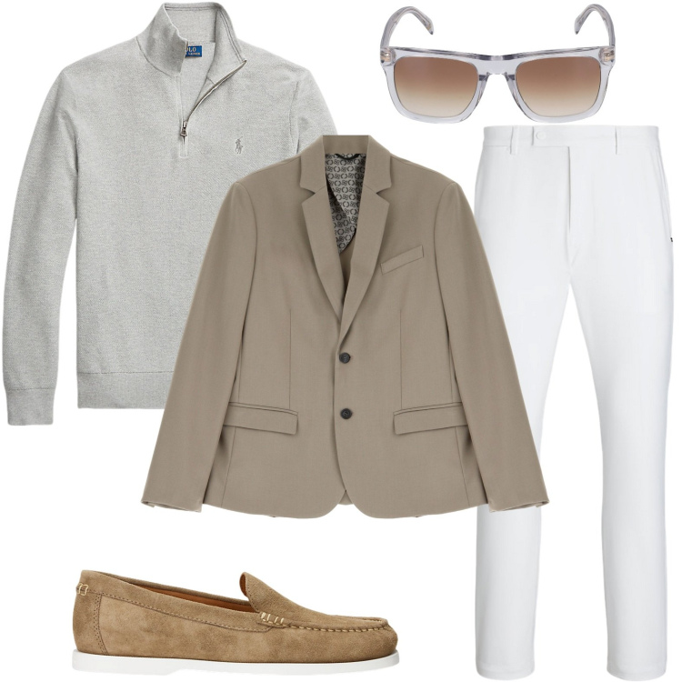 Outfit uomo - It\'s time blazer. Stile Trendy per Ufficio. Abbinamento con giacche, scarpe stringate, maglieria, pantaloni, occhiali da sole.