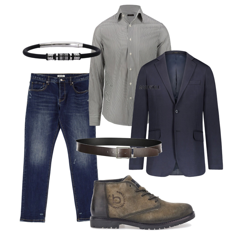 Outfit uomo - Serata casual chic. Stile Casual per Serata speciale. Abbinamento con braccialetti, jeans slim fit, giacche, scarpe stringate, camicie, cinture.