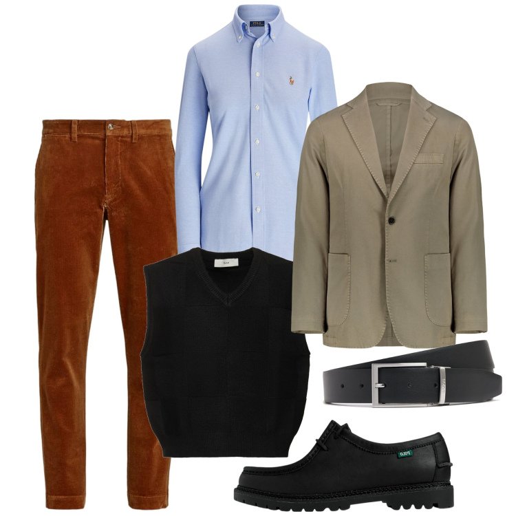 Outfit uomo - Trendy quotidiano. Stile Trendy per Tutti i giorni. Abbinamento con pantaloni, scarpe stringate, camicie, giacche, cinture, maglieria.