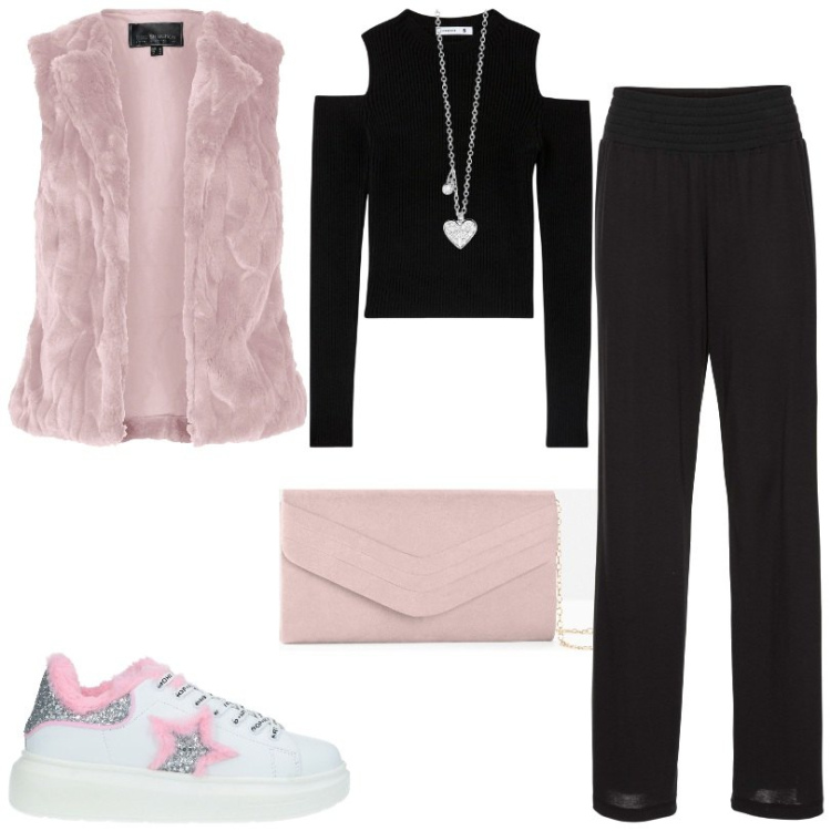 Outfit donna - Pantaloni a palazzo super attuali. Stile Casual per Scuola/Università. Abbinamento con gilet, pochette, pantaloni a palazzo, sneakers, maglieria, collane.
