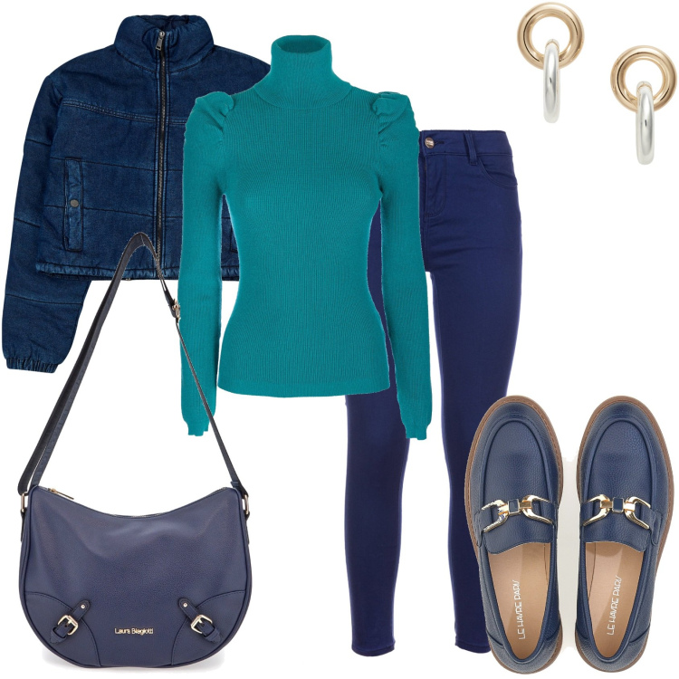 Outfit donna - Come sempre casual chic. Stile Casual chic per Tutti i giorni. Abbinamento con blazer, maglieria, jeans skinny, orecchini, mocassini, borse a tracolla.