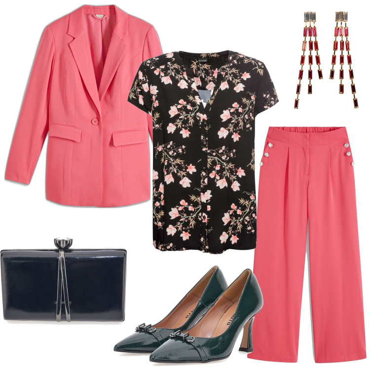 Outfit donna - Madrina al battesimo. Stile Chic per Cerimonia. Abbinamento con camicie a manica corta, orecchini, pantaloni, blazer, décolleté, pochette.