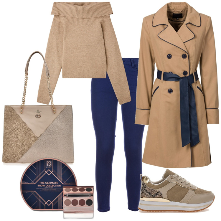 Outfit donna - Total look #1974116. Stile Casual per Scuola/Università. Abbinamento con trench, mascara, maglieria, jeans skinny, sneakers, borse a spalla.