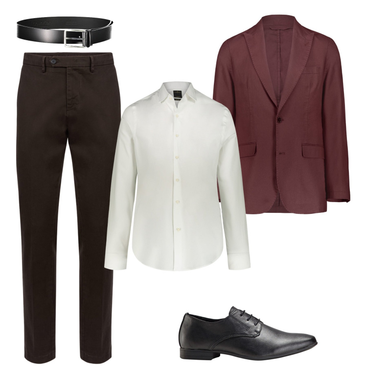 Outfit uomo - Elegante blazer bordeaux. Stile Business/Elegante per Ufficio. Abbinamento con scarpe stringate, pantaloni chino, camicie, giacche, cinture.