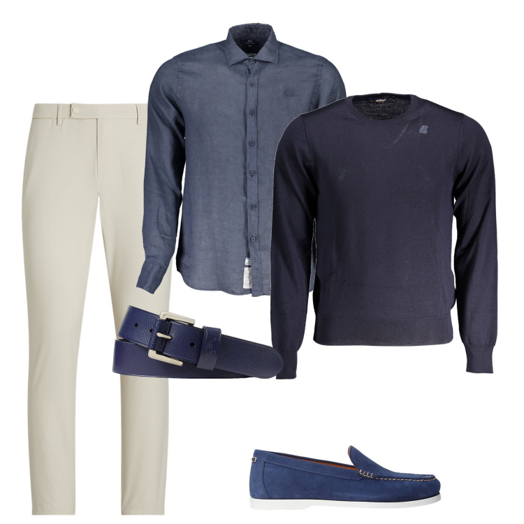Outfit uomo - Affascinante blu e panna. Stile Business/Elegante per Ufficio. Abbinamento con scarpe stringate, cinture, pantaloni, camicie, maglieria.