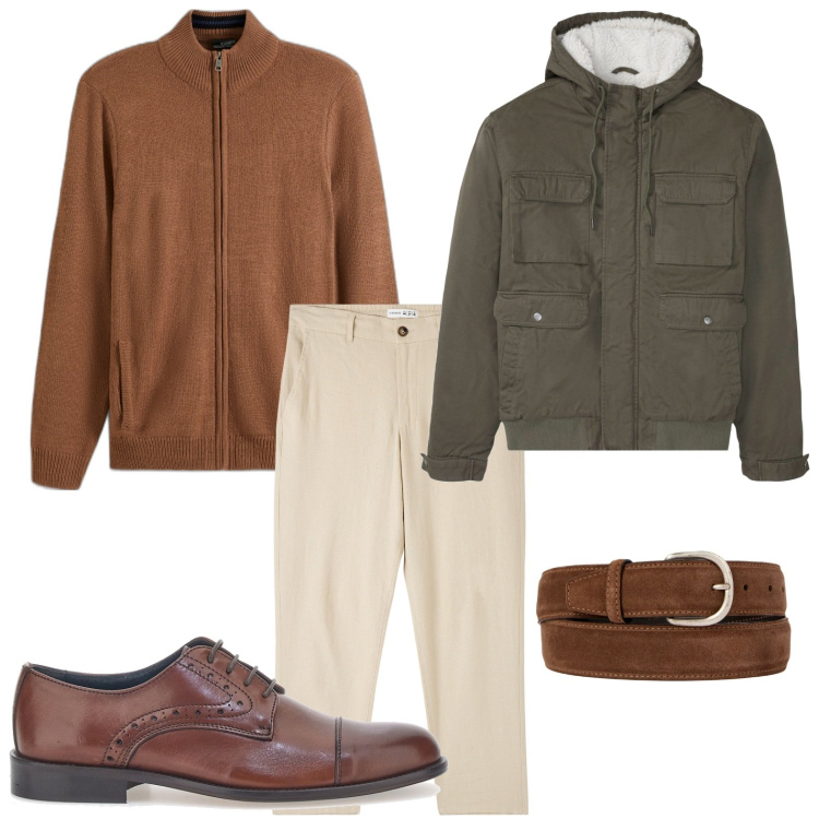Outfit uomo - Eleganza e comodità. Stile Urban per Ufficio. Abbinamento con piumini, cardigans, pantaloni, scarpe stringate, cinture.