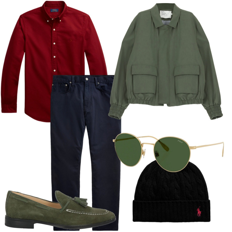 Outfit uomo - Camicia color rosso incandescente. Stile Trendy per Ufficio. Abbinamento con scarpe stringate, giacche, pantaloni, berretti, occhiali da sole, camicie.