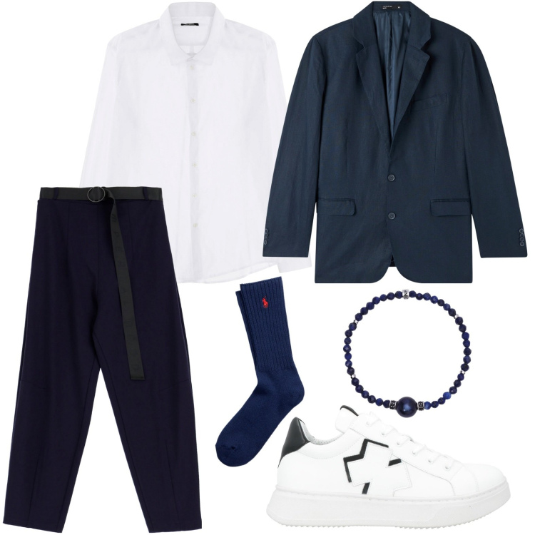 Outfit uomo - Toni del blu profondo. Stile Trendy per Serata speciale. Abbinamento con sneakers, giacche, braccialetti, camicie, pantaloni, calzini.