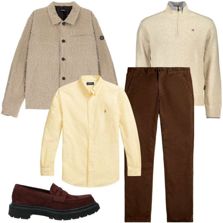 Outfit uomo - Sfumature avvolgenti. Stile Casual per Ufficio. Abbinamento con scarpe stringate, giacche, camicie, pantaloni, maglieria.