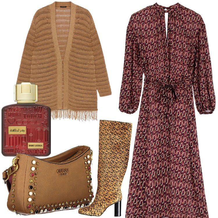 Outfit donna - Etno chic autunnale. Stile Etnico per Serata fuori. Abbinamento con profumi, vestiti midi/longuette, borse a spalla, cardigans, stivali.